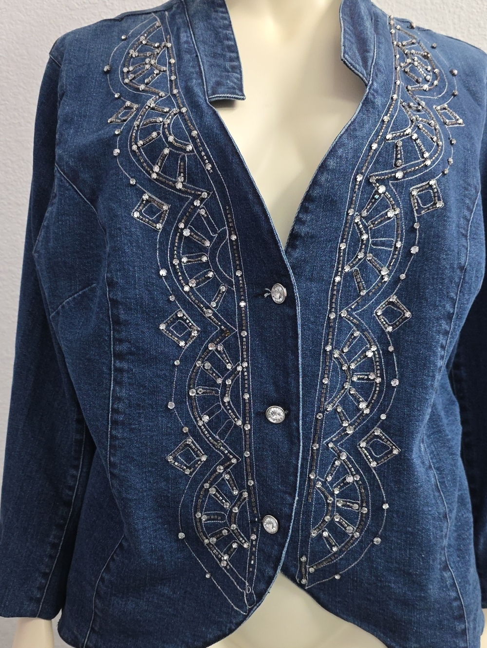 Giclee Blue Embellished Denim Jacket Blazer 3X Rhinestone Beaded
